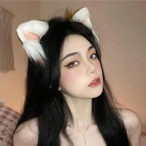 Vista 4 de Diadema de pelo sintético con orejas de gato, diadema peluda de zorro lobo de cola larga, disfraz de Halloween para cosplay, regalo para mujeres