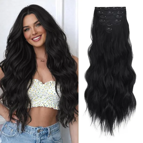 Vista 19 de NAYOO - Extensiones de cabello con clip, extensiones sintéticas onduladas de 20 pulgadas, 6 unidades Wavy Curly Hair, Full Head Coverage, Heat