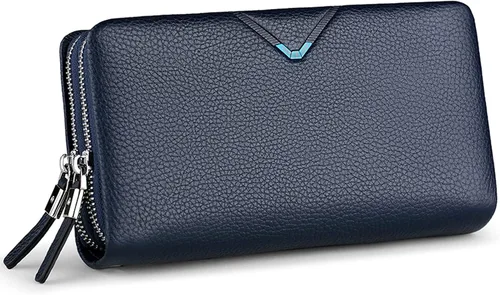 Vista 4 de Carteras de cuero para hombre con doble cremallera, Azul, Cartera de viaje