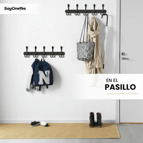 Vista 4 de Perchero de pared con 5 ganchos triples, acero inoxidable de 40.6 cm – Acabado mate negro, perchero de pared resistente para abrigos, sombreros