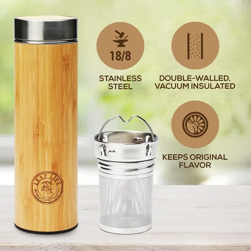 Vista 4 de LeafLife Botella de Té de Bambú Premium para Té Suelto - Botella Infusora de Té - Regalos de Té - Botella de Agua Aislada/Vaso de Café/Té - Set