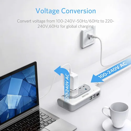 Vista 2 de BESTEK Convertidor de voltaje de 200 W de 100 V a 240 V con 4 puertos USB de carga All World Contries to US Travel Charger (blanco)