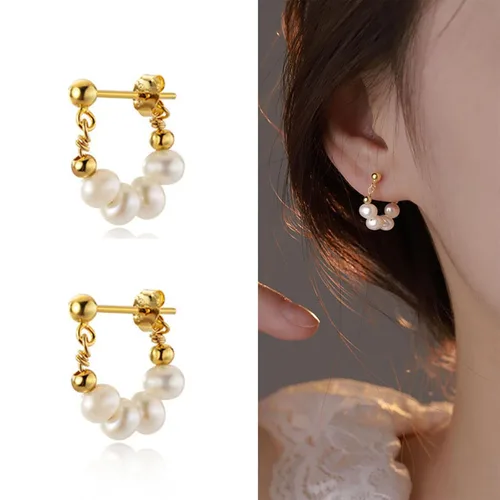 Vista 2 de YienDoo Aretes colgantes de perlas de oro con perlas perforadas de oro, ligeros, barrocos, con cuentas de perlas, aretes colgantes para boda