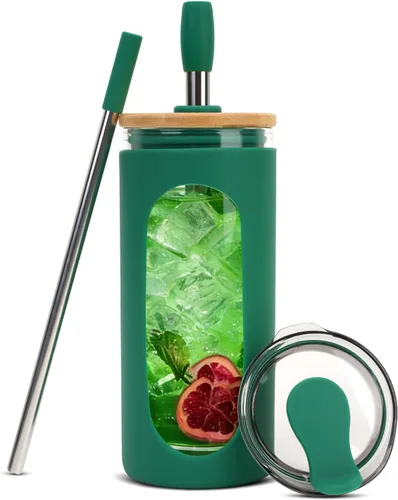 Vista 20 de Sursip - Vaso de vidrio de 20 oz con tapas y popotes, taza de café helado reutilizable de vidrio de borosilicato con tapa de bambú para batido, jugo
