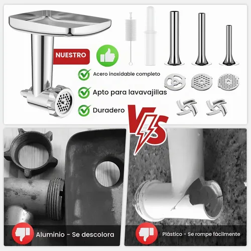 Vista 2 de Accesorios de acero inoxidable para molinillo de alimentos para batidoras de pie KitchenAid, incluyendo relleno de salchichas, acero inoxidable