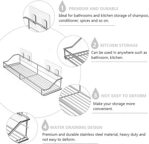Vista 2 de Hemoton Estante de baño de acero inoxidable para ducha, organizador de cesta de almacenamiento montado en la pared, soporte para cocina, inodoro