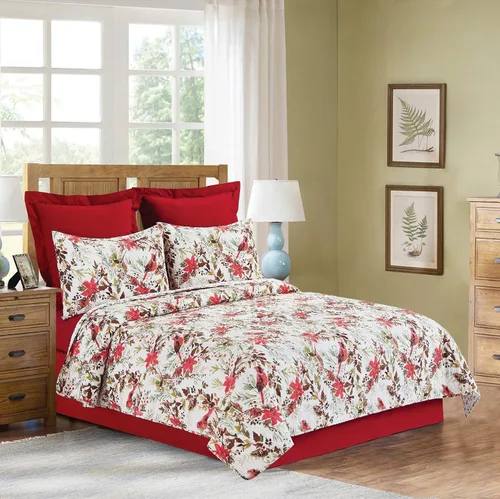 Vista 4 de C&F Home Averie - Juego de edredón reversible botánico con acebo y ramitas navideñas, diseño de cardenal y flor de pascua, tamaño matrimonial/queen