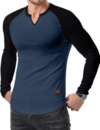 Vista 20 de JMIERR Camisetas de manga larga para hombre, estilo casual, cuello en V Negro+Blanco