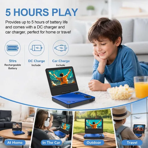 Vista 2 de HotHat Reproductor de DVD portátil de 7.5 "pantalla giratoria HD para niños Azul