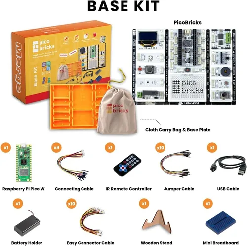 Vista 2 de PicoBricks Raspberry Pi Pico W Kit de inicio con 12 sensores desmontables y extensa guía de aprendizaje, kit de codificación de bricolaje, Raspberry