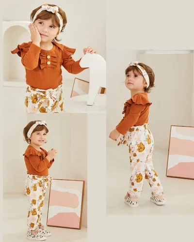 Vista 4 de Kislio Conjunto de ropa de bebé recién nacida con volantes y pantalones florales y diadema para bebé