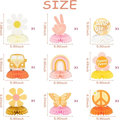 Vista 2 de 9 piezas Groovy Hippie Boho Party Honeycomb Centers Retro Boho Rainbow Daisy Flower Butterfly Peace Theme Decoración de fiesta de cumpleaños