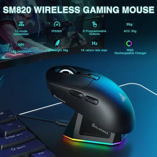 Vista 2 de SOLAKAKA SM820 - Mouse inalámbrico para juegos con base de carga RGB, mouse inalámbrico de tres modos de 24000 DPI con 2 botones laterales, mouse