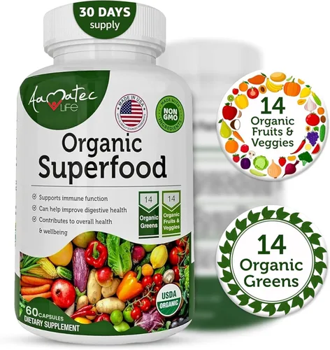 Vista 2 de Organic Superfood Greens - Complejo de frutas y verduras - Suplemento dietético con 14 verduras y 14 frutas y verduras con alfalfa rica