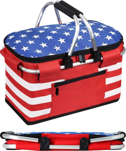 Vista 14 de Cesta de picnic aislada, bolsa enfriadora plegable, cesta de comestibles de 32 litros con tapa, 2 asas resistentes, cesta de almacenamiento