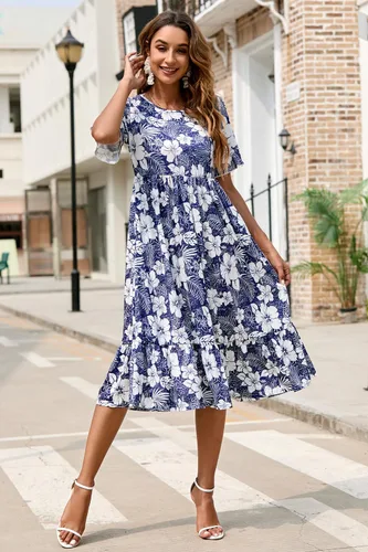Vista 2 de STYLEWORD Vestido largo de verano para mujer, estilo casual, manga corta, cuello redondo, escalonado, largo por debajo de la rodilla, hawaiano