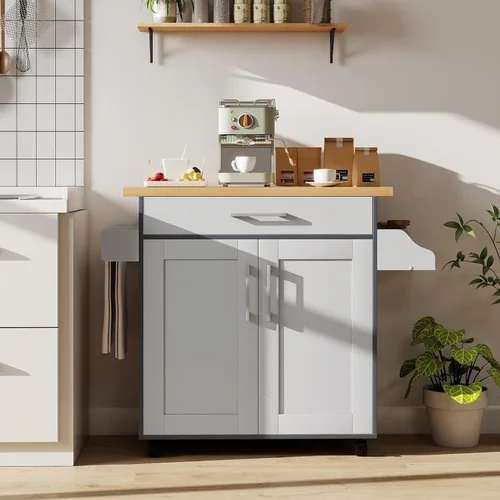 Vista 8 de Isla de cocina, carrito de almacenamiento rodante con cajones, armario grande, estante de especias y asa de toalla, carritos de cocina con ruedas