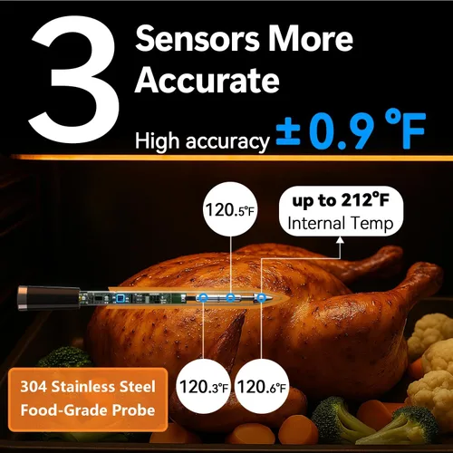 Vista 12 de BFOUR Termómetro de Carne Digital Inalámbrico con Amplificador LCD, Termómetro Bluetooth para Cocinar Alimentos con Aplicación Inteligente, Alcance