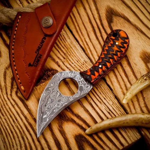 Vista 3 de Predator Hunter - Cuchillo de damasco hecho a mano con funda de cuero, para desollar, acampar, al aire libre, cuchillos de bushcraft EDC de hoja