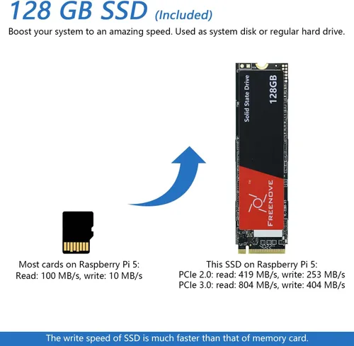 Vista 4 de Freenove Kit de carcasa de PC para Raspberry Pi 5 con ventilador de refrigeración, SSD M.2 NVMe de 128 GB 800 MB/s, cámara de 5 MP, pantalla OLED