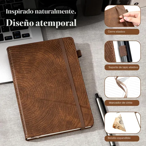 Vista 2 de Diario forrado con líneas de CAGIE para hombres y mujeres, diario encuadernado en cuero con anillos de crecimiento de árboles, cuaderno de 256