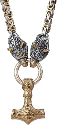 Vista 6 de Collar con colgante de cabeza de lobo Thor Mjolnir Viking Jewelry