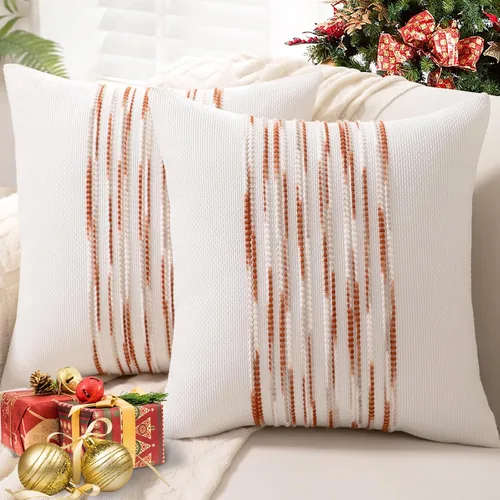 Vista 17 de Fundas de almohada decorativas estilo bohemio de 18x18, juego de 2, para sofá, cama, fundas de cojín cuadradas a rayas para granja, fundas