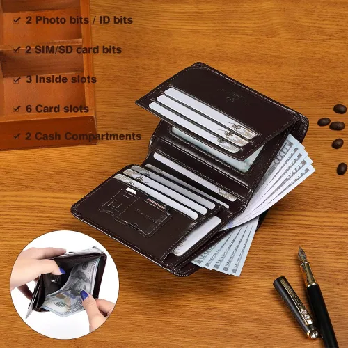 Vista 5 de CHANPINCL Billetera de piel triple con bloqueo RFID para hombre con 2 ventanas de identificación, 2 compartimentos para efectivo, 6-8 ranuras