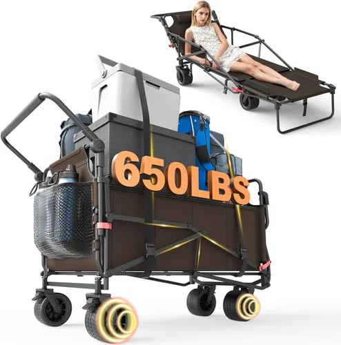 Vista 14 de LEVELEVE Vagón Plegable de Servicio Pesado - Carrito Plegable 2 en 1, Capacidad de 400 libras, Ruedas Todo Terreno con Frenos y Bolsillos Laterales