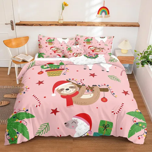 Vista 47 de Juego de ropa de cama de Navidad con funda de edredón de copos de nieve, color blanco y rojo, con estampado navideño, juego de ropa de cama festiva