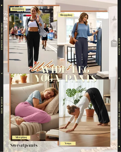 Vista 145 de Neer - Conjunto de 3 pantalones de yoga de pierna ancha para mujer - Pantalones deportivos cómodos, holgados, de cintura alta y casuales