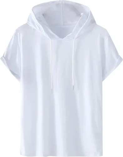 Vista 5 de Mens Cotton T Shirts Short Sleeve Solid Color Hooded Pullover Tops Casual Stylish Regular-Fit Sport Summer Shirt