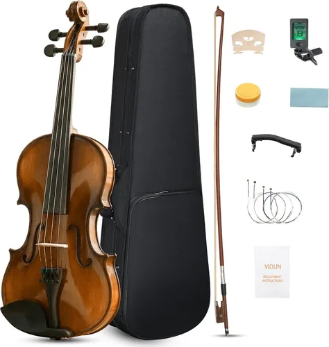 Vista 8 de Ktaxon Violín 4/4 para niños y adultos, violín de madera maciza de tamaño completo, violín acústico con estuche portátil y accesorios - Madera