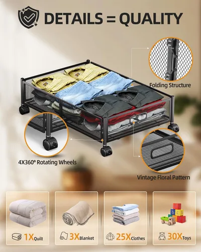 Vista 5 de Almacenamiento debajo de la cama con ruedas, contenedores de almacenamiento plegables de metal debajo de la cama, almacenamiento bajo la cama de 60