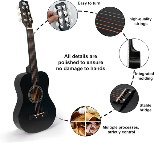 Vista 3 de Guitarra acústica de cuerdas de metal de 30 pulgadas, regalo para niñas, juguetes musicales para niños, instrumento musical (negro-2)