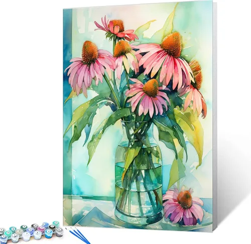 Vista 11 de Tucocoo Kit de pintura de margaritas coloridas por números con pinceles y pigmento acrílico sobre lienzo para adultos, hermoso proyecto
