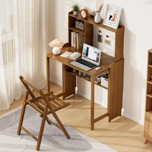 Vista 4 de Escritorio plegable de bambú de 31.1 pulgadas con estantería, escritorio compacto para computadora para espacios pequeños, escritorio plegable