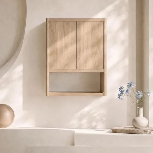 Vista 3 de VANIRROR Gabinete de pared de baño con puertas de pestillo, almacenamiento Roble natural-31