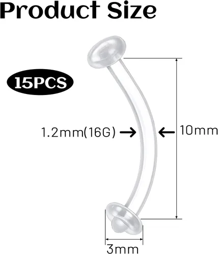 Vista 2 de 15 piercings transparentes para cejas, curvados de 0.63 onzas, retenedores de piercing de ombligo, aretes flexibles para cartílago, cejas, lengua