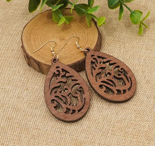 Vista 5 de Wovanoo Aretes de madera para mujer, aretes colgantes de gota de agua de madera natural