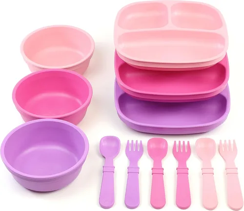 Vista 12 de Re-Play Juego de vajilla para niños pequeños, 3 platos divididos, 3 cuencos para aperitivos y 3 juegos de tenedores y cucharas, vajilla para niños
