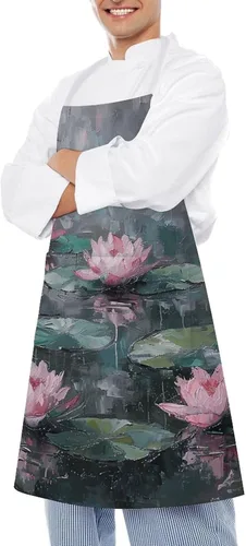 Vista 4 de MUSM Apron for Adults - 27.6 X 31.5 Inch, Heavy-Duty Polyester Aprons with Two Large Pockets, Waterproof Peach Water Lily Painting Kitchen Apron for
