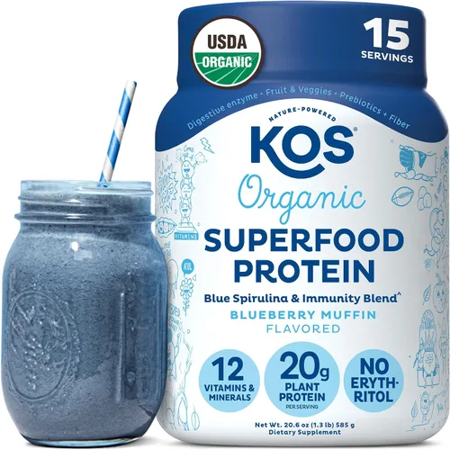 Vista 11 de KOS Proteína en polvo a base de plantas, muffin de arándano - Superalimento de proteína de guisantes orgánico con mezcla de espirulina y apoyo