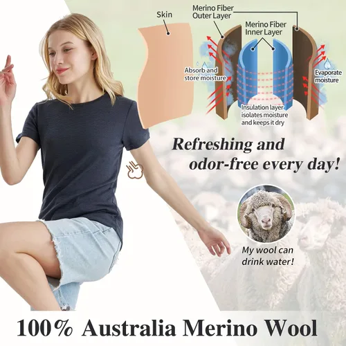 Vista 3 de Merino Protect Camisetas 100% de lana merino para mujer, cuello redondo, manga corta, resistencia al olor, capa base, viajes, senderismo, camiseta