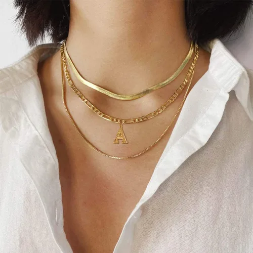 Vista 2 de FOCALOOK Collares de letra inicial de oro para hombres, adolescentes y niños, chapado en oro de 18 quilates, cadena de letra inicial A-Z, 16 pulgadas
