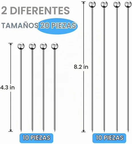 Vista 5 de 20 palillos de cóctel para bebidas, palillos de dientes de cóctel de acero inoxidable largos, brochetas de cóctel reutilizables, palillos de martini