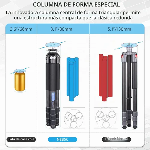 Vista 2 de Trípode de cámara de fibra de carbono con cabeza de bola de perfil bajo de 1.732 in, trípode compacto profesional ARTCISE NS85C, columna central