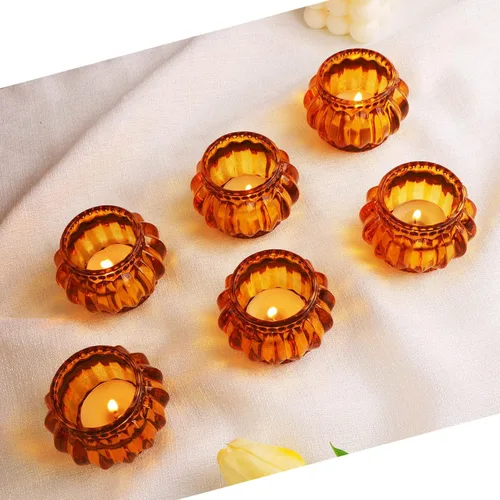Vista 7 de Woho Juego de 6 portavelas ámbar para mesa de boda, candelabros de cristal a granel para decoración del hogar