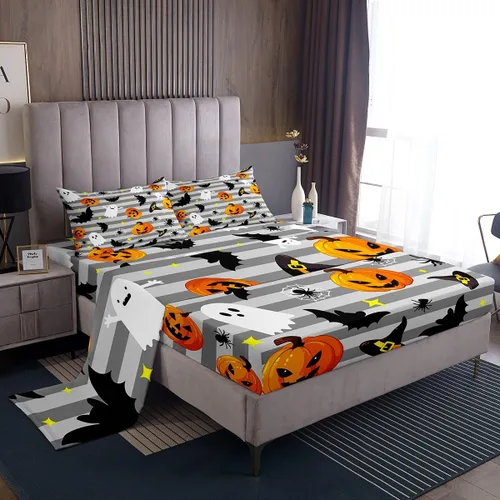 Vista 13 de Manfei Juego de sábanas de Halloween tamaño individual, juego de ropa de cama de farol de calabaza fantasmas para niños y niñas, decoración