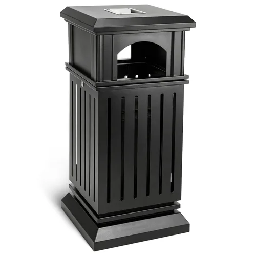 Vista 10 de BEAMNOVA Cubo de basura negro para exteriores, bandeja superior de acero inoxidable con tapa de bloqueo, contenedor de basura industrial resistente